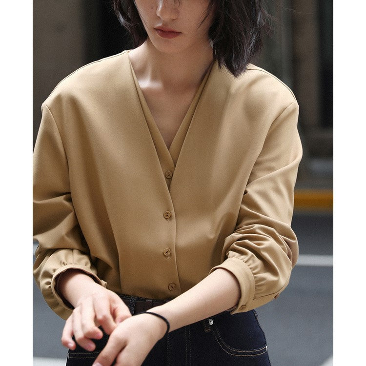 Laziness Three-dimensional Lantern Sleeve Simple V-neck Shirt Fake Two-piece Top